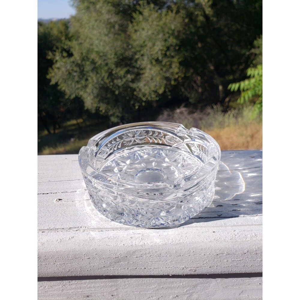 Vintage Clear Crystal‎ Ashtray Hobstar Pattern Pressed Glass 4.5"